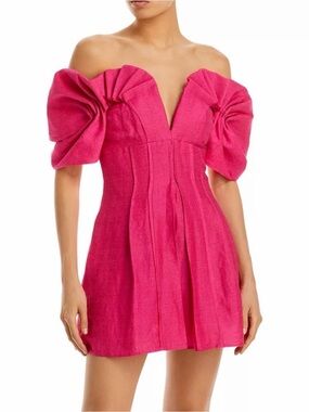 cult gaia Hot Pink Off-Shoulder Mini Dress with Sculpted Puff Sleeves